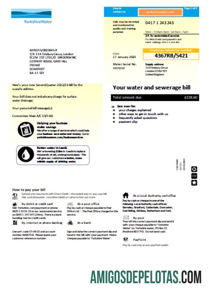 Projeto de lei de serviços públicos de água de Yorkshire, página 1 SCR modelo
